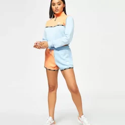 11 Degrees Womens Taped Colour Block Cropped Quarter-Zip Sweatshirt – Baby Blue / Coral