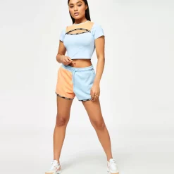 11 Degrees Womens Taped Colour Block Cut Out Slim Fit Short Sleeve T-Shirt – Baby Blue / Coral