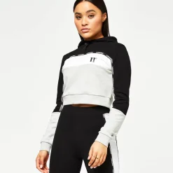 11 Degrees Womens Taped Cut And Sew Cropped Pullover Hoodie – Grey Marl / Black / White