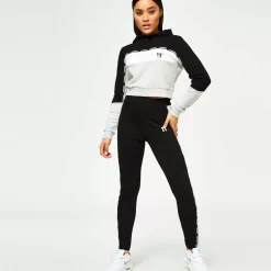 11 Degrees Womens Taped Cut And Sew Cropped Pullover Hoodie – Grey Marl / Black / White