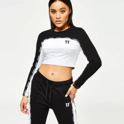 11 Degrees Womens Taped Cut And Sew Cropped Long Sleeve Slim Fit T-Shirt – Grey Marl / Black / White