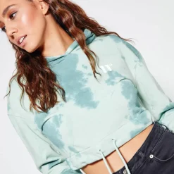 11 Degrees Womens Tie Dye Cropped Pullover Hoodie – Teal Blue / Fog Green