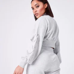 11 Degrees Womens Volume Sleeve Lace Up Detail Cropped Quarter Zip Sweatshirt – Grey Marl