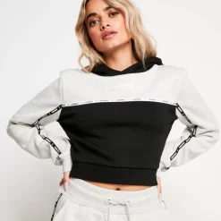 Colour Block Taped Cropped Pullover Hoodie – Grey Marl/Black