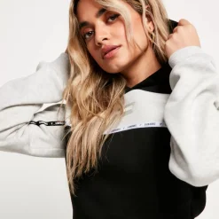 Colour Block Taped Cropped Pullover Hoodie – Grey Marl/Black