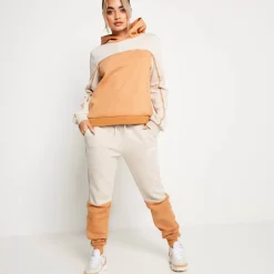 Colour Block Taped Pullover Hoodie – Stone/Camel