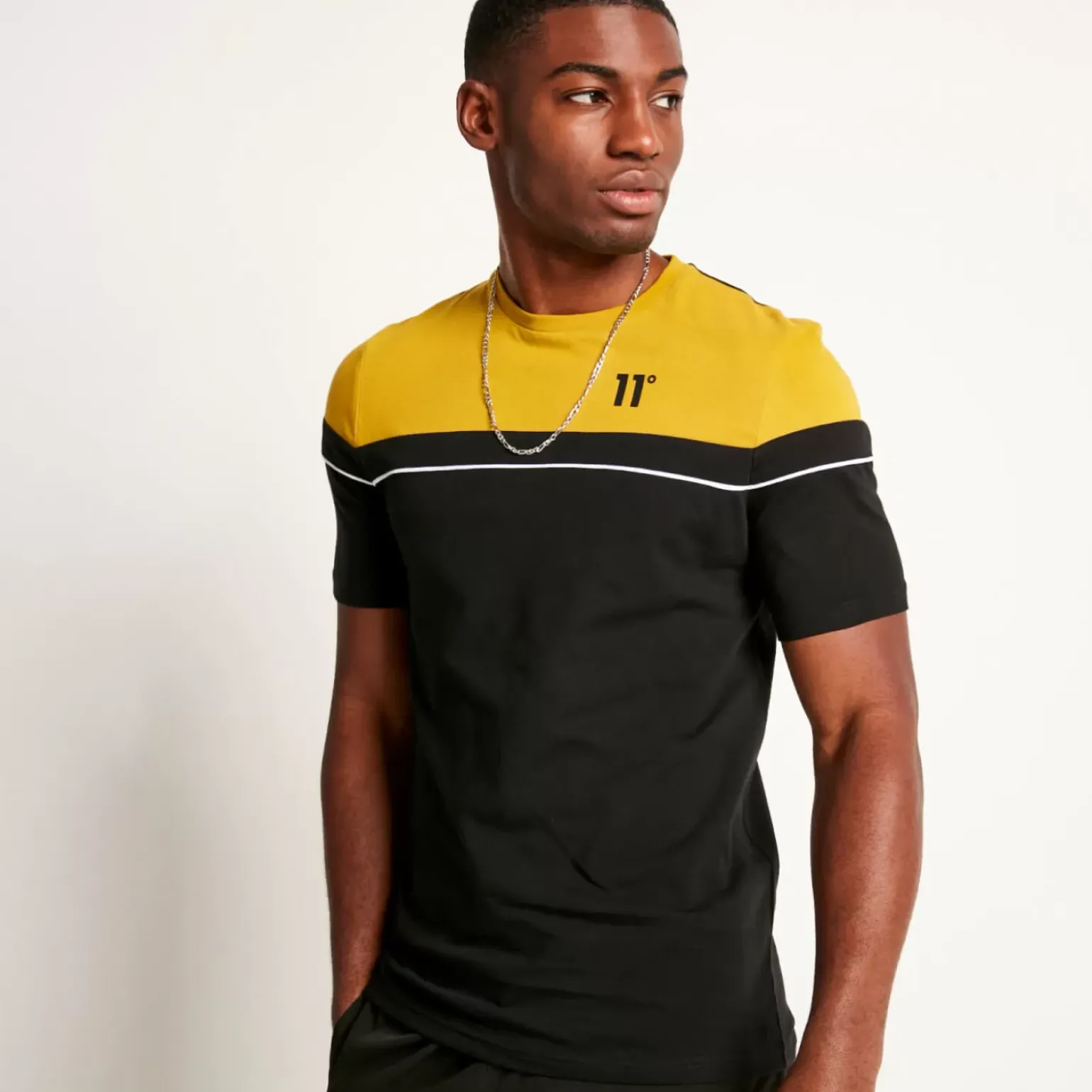 Piped Cut And Sew Short Sleeve T-Shirt – Black/Gold Palm