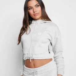 Taped Cropped Full Zip Hoodie – Grey Marl