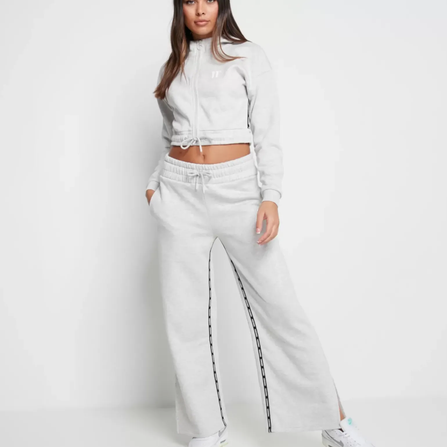 Taped Cropped Full Zip Hoodie – Grey Marl