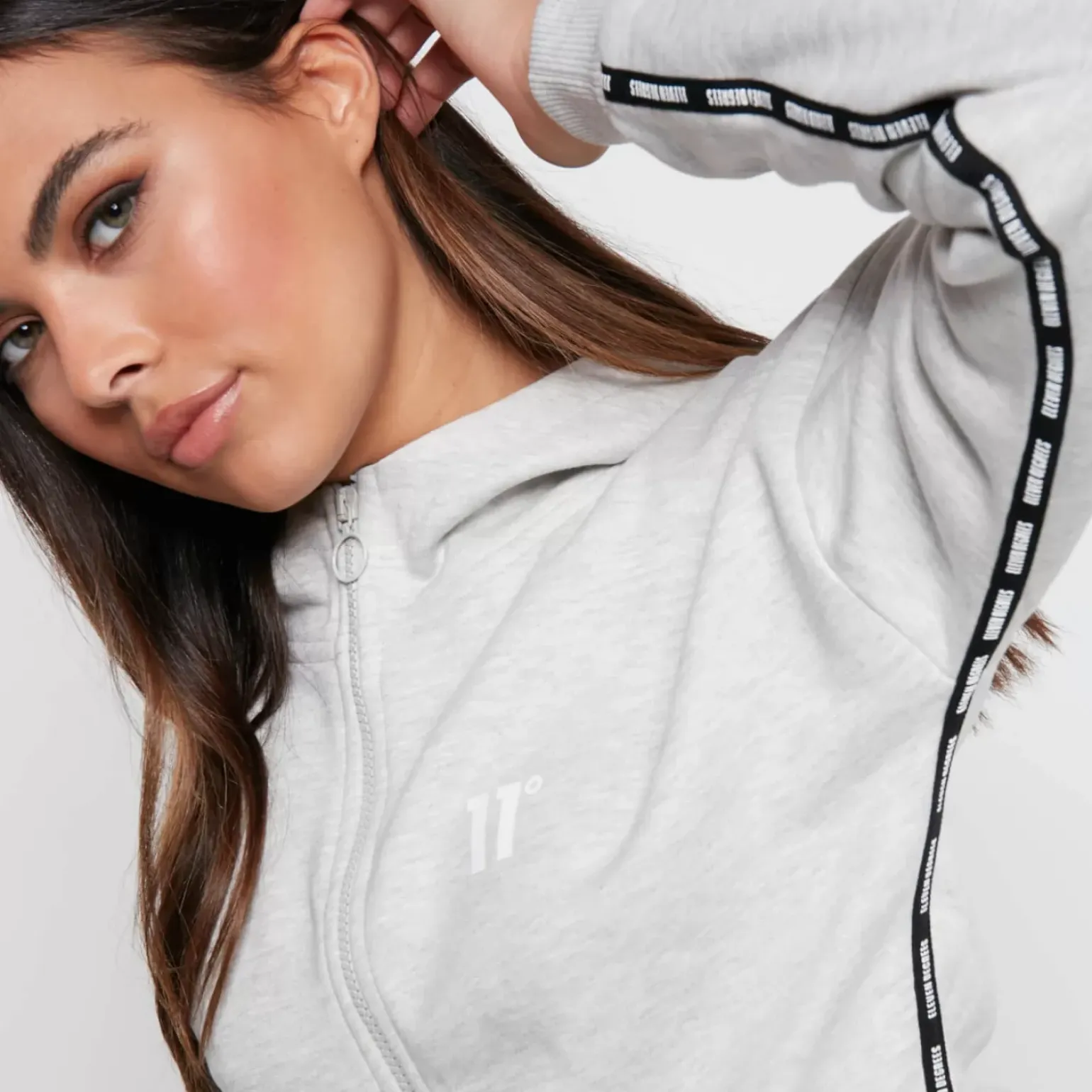Taped Cropped Full Zip Hoodie – Grey Marl