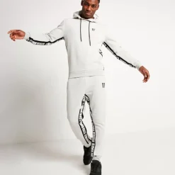 Text Panel Cut And Sew Pullover Hoodie – Grey Marl/Black